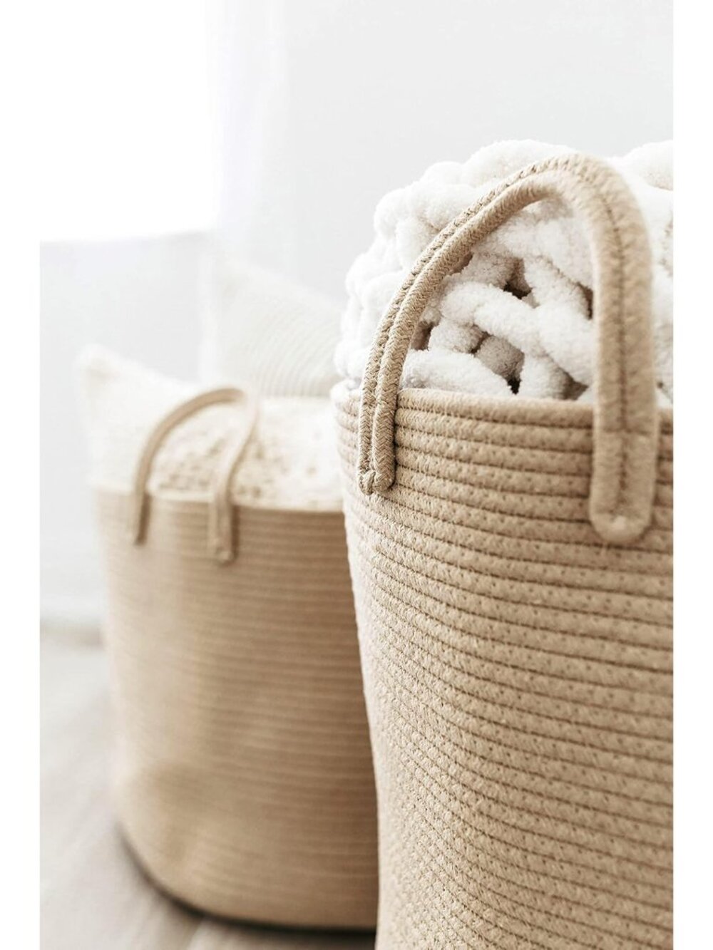 Large Woven Laundry Basket w/Handles 52L, Rope Dirty Clothes Hamper, Blanket Bas - Picture 7 of 9